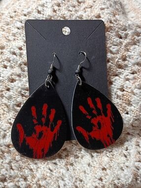 MMIW Black Teardrop Earrings Bloody Red Handprint Lightweight Indigenous Horror
